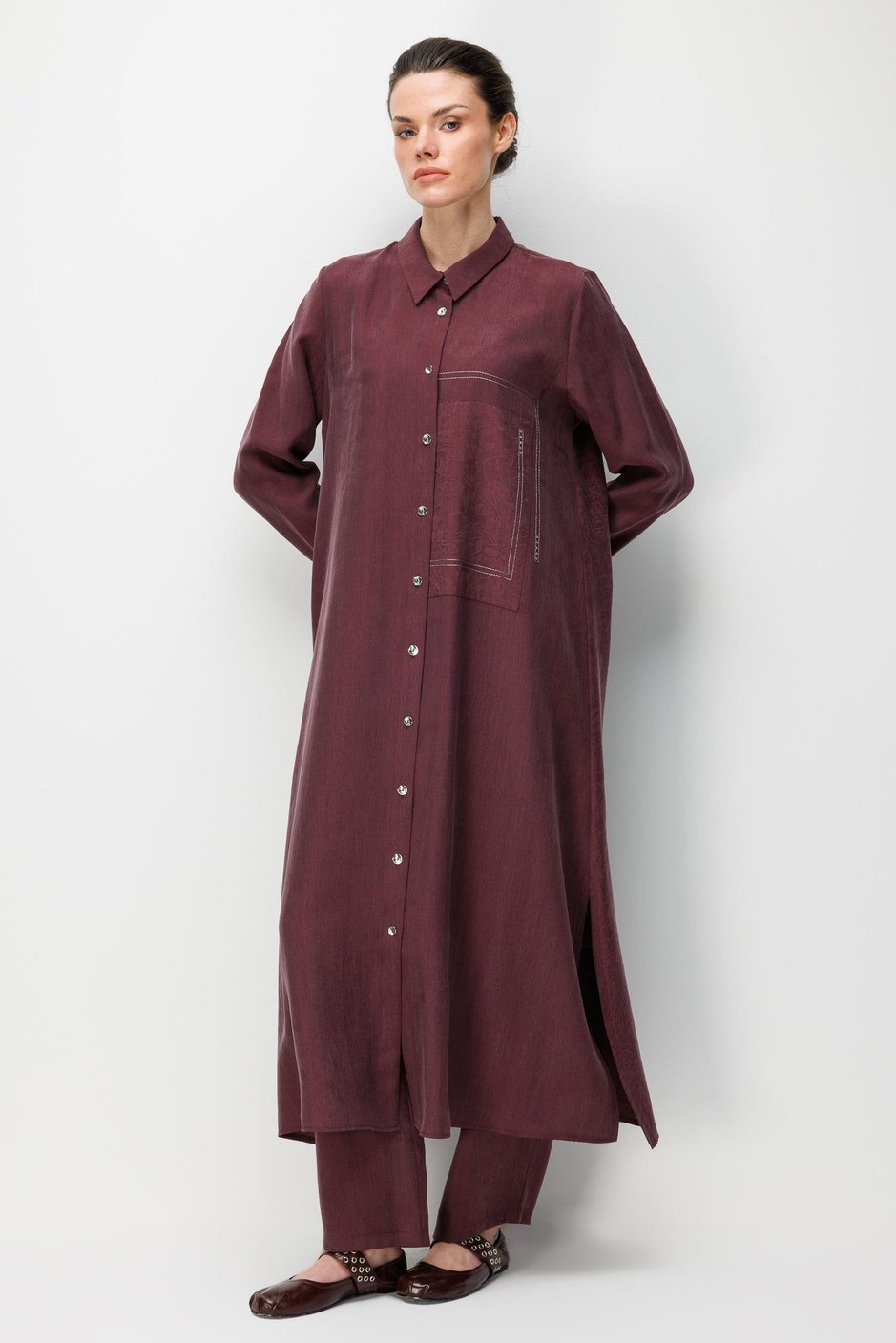 %80 Doğal LyoCELL Dökümlü Soft Hissiyat Arka Özel Dokuma Desen Pantolon ve Maxi Tunik Kombin Takım-Bordo