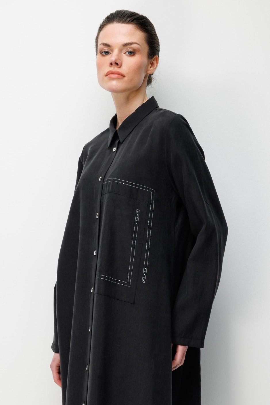 %80 Doğal LyoCELL Dökümlü Soft Hissiyat Arka Özel Dokuma Desen Pantolon ve Maxi Tunik Kombin Takım-Siyah
