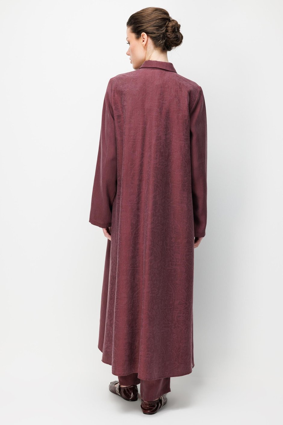%80 Doğal LyoCELL Dökümlü Soft Hissiyat Arka Özel Dokuma Desen Pantolon ve Maxi Tunik Kombin Takım-Bordo