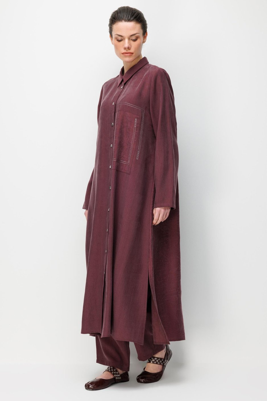 %80 Doğal LyoCELL Dökümlü Soft Hissiyat Arka Özel Dokuma Desen Pantolon ve Maxi Tunik Kombin Takım-Bordo