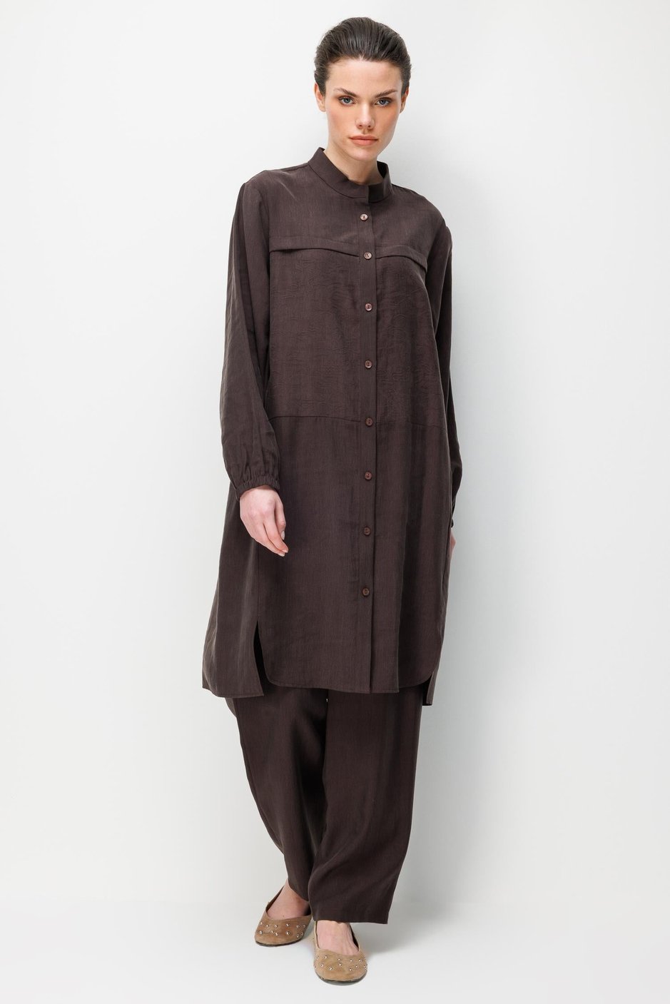 %80 Doğal LyoCELL Dökümlü Soft Hissiyat  Ön Beden Özel Dokuma Desen Pantalon ve Maxi Tunik Takım-Kahve