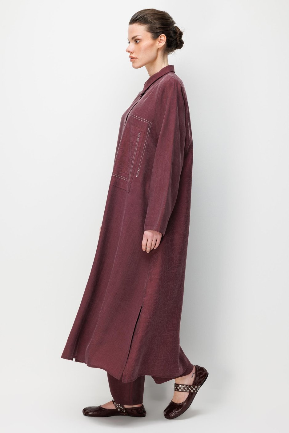 %80 Doğal LyoCELL Dökümlü Soft Hissiyat Arka Özel Dokuma Desen Pantolon ve Maxi Tunik Kombin Takım-Bordo