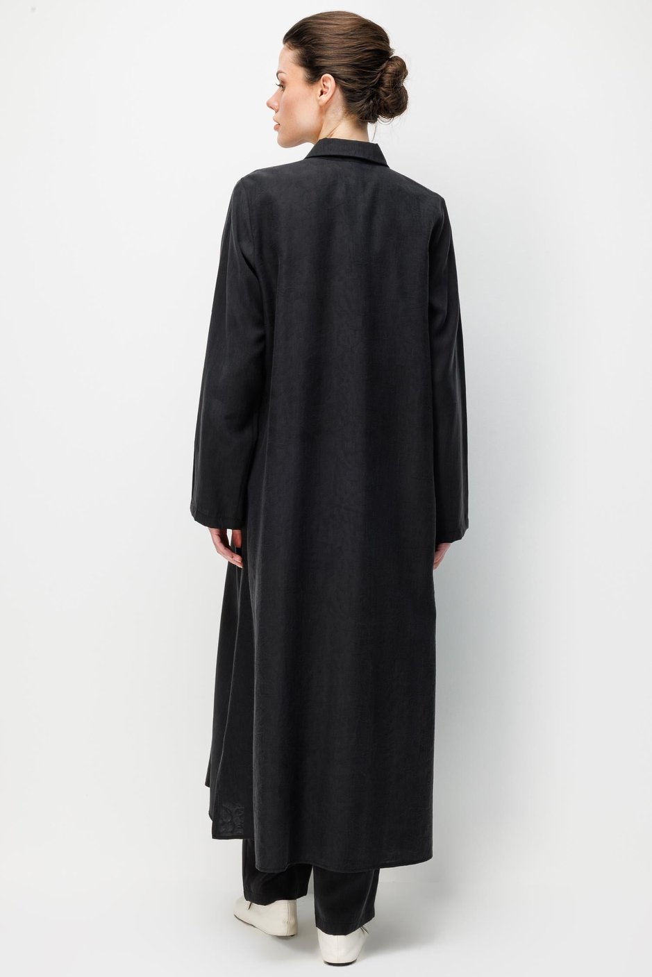 %80 Doğal LyoCELL Dökümlü Soft Hissiyat Arka Özel Dokuma Desen Pantolon ve Maxi Tunik Kombin Takım-Siyah