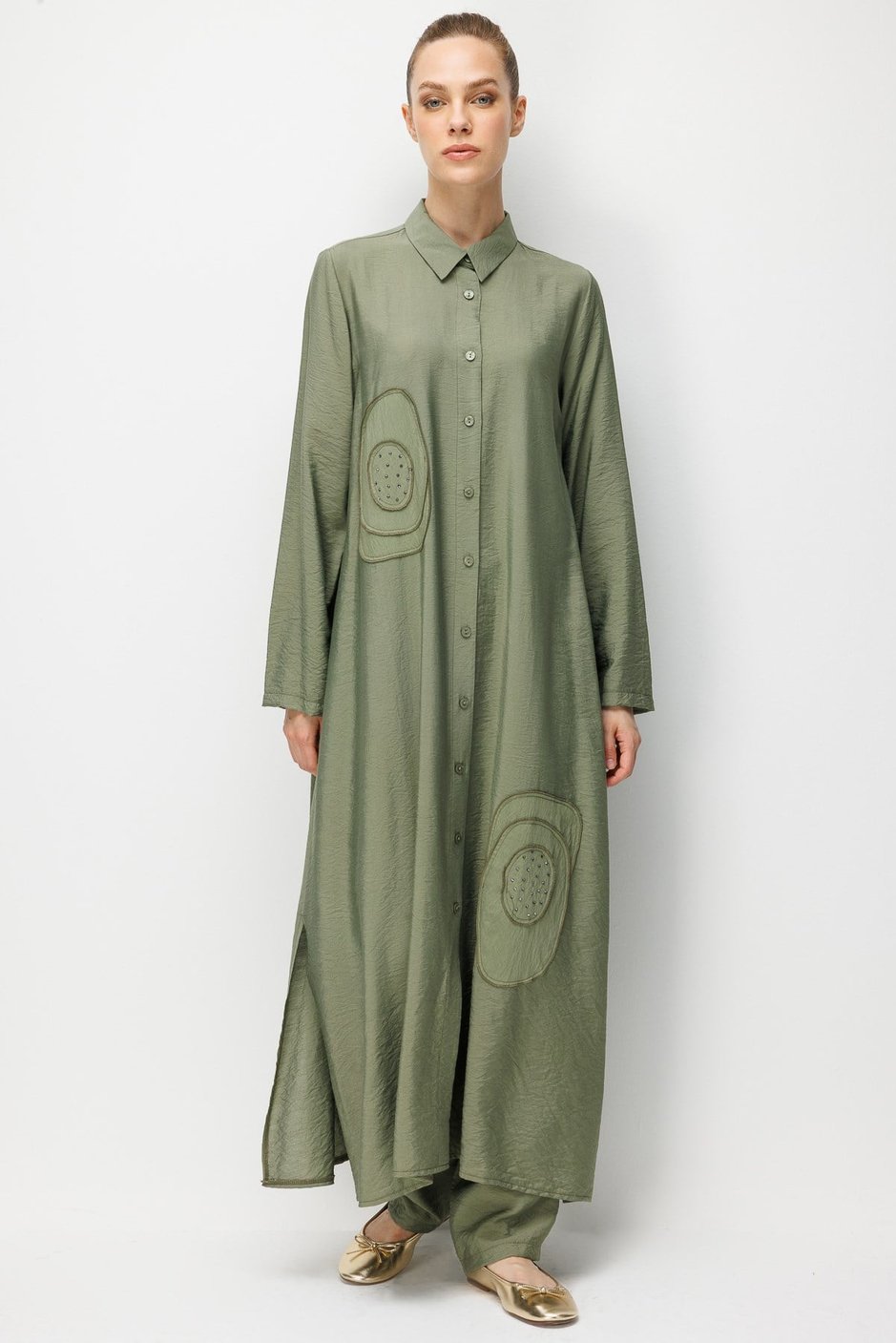 %85 LyoCELL Aller Özel Taş ve Desen İşlemeli Maxi Tunik Elbise Ferace-Haki