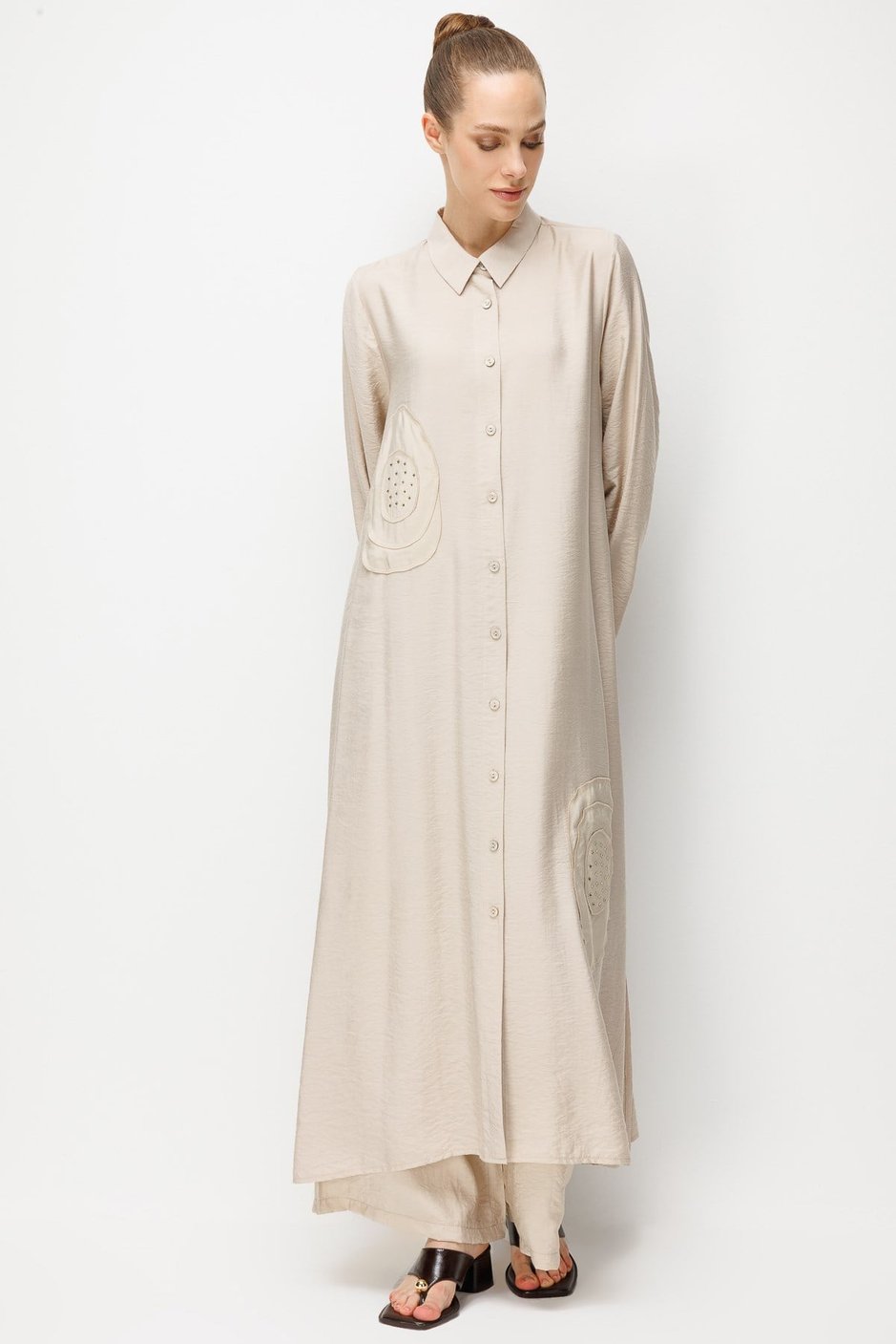 %85 LyoCELL Aller Özel Taş ve Desen İşlemeli Maxi Tunik Elbise Ferace-Taş