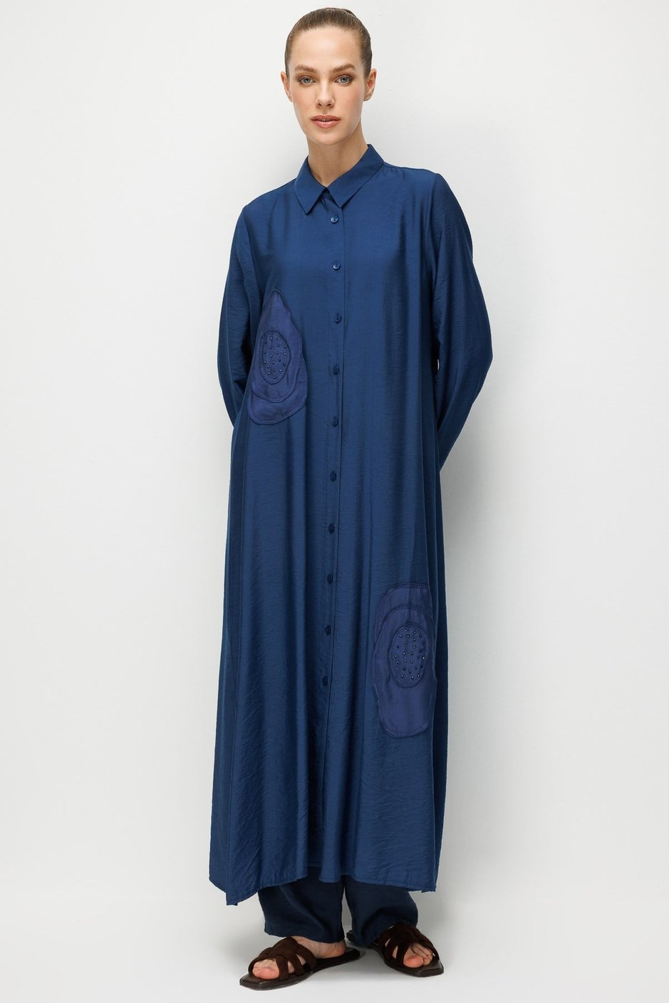 %85 LyoCELL Aller Özel Taş ve Desen İşlemeli Maxi Tunik Elbise Ferace-MARİN