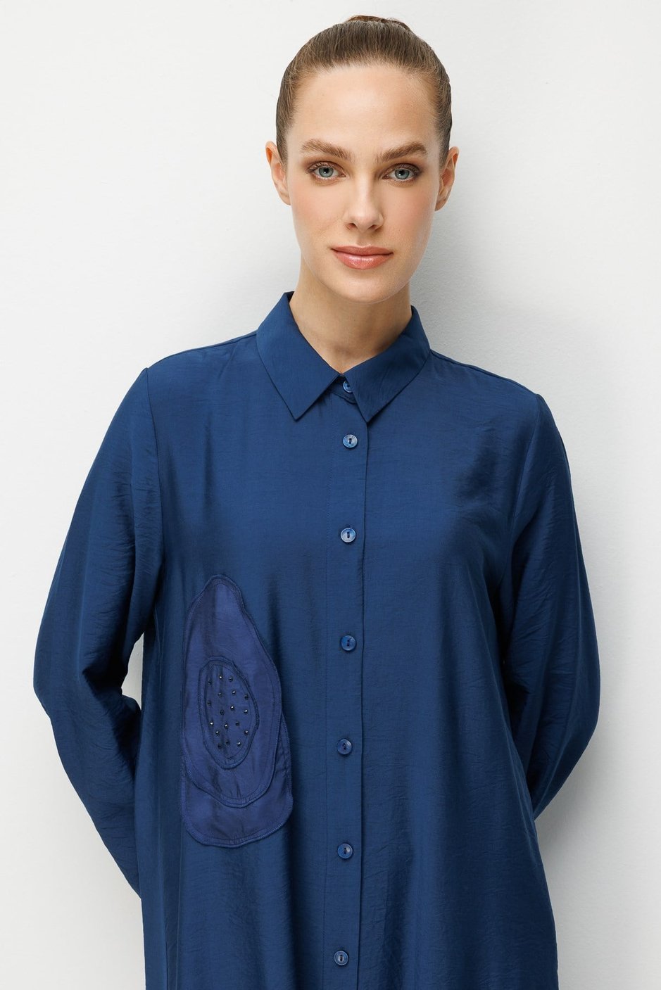 %85 LyoCELL Aller Özel Taş ve Desen İşlemeli Maxi Tunik Elbise Ferace-MARİN