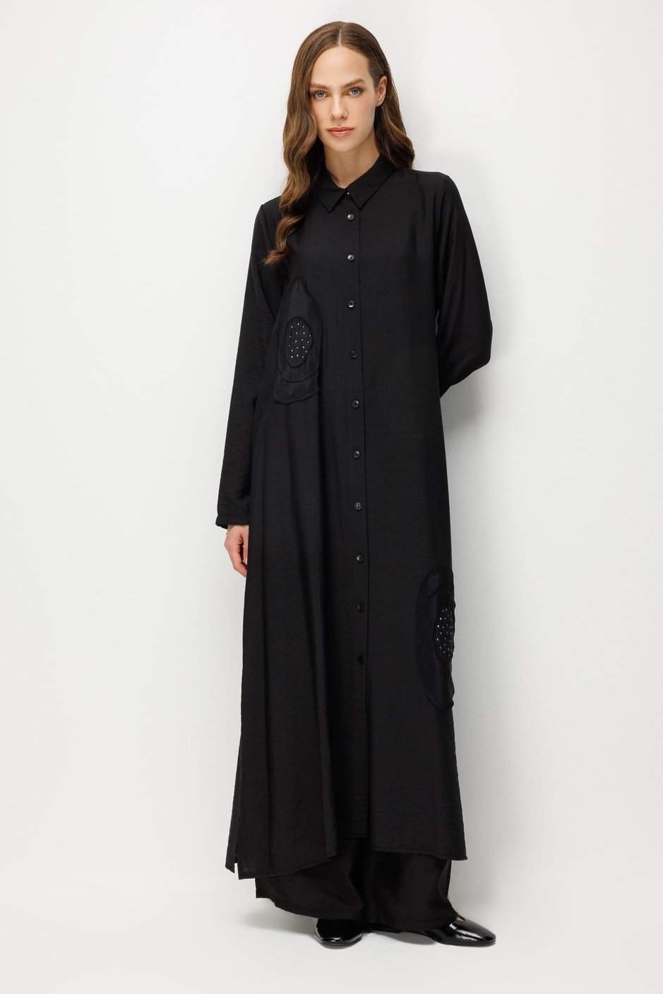 %85 LyoCELL Aller Özel Taş ve Desen İşlemeli Maxi Tunik Elbise Ferace-Siyah