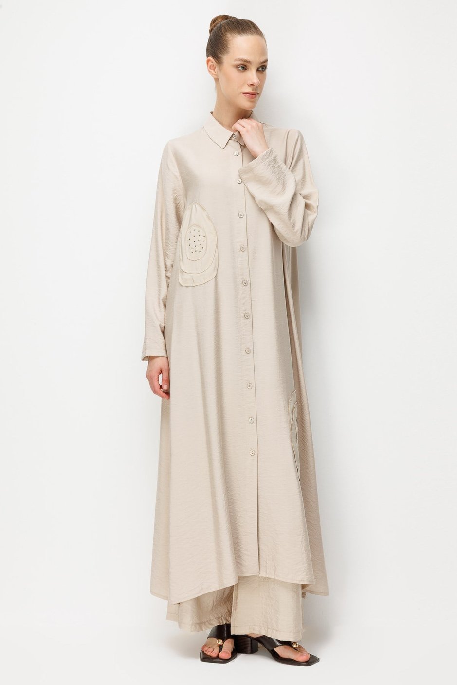 %85 LyoCELL Aller Özel Taş ve Desen İşlemeli Maxi Tunik Elbise Ferace-Taş