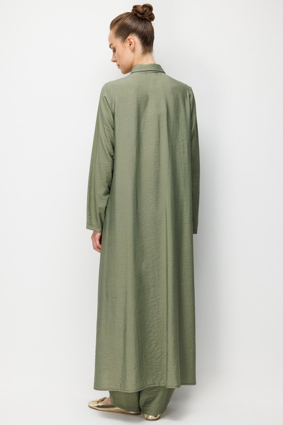 %85 LyoCELL Aller Özel Taş ve Desen İşlemeli Maxi Tunik Elbise Ferace-Haki