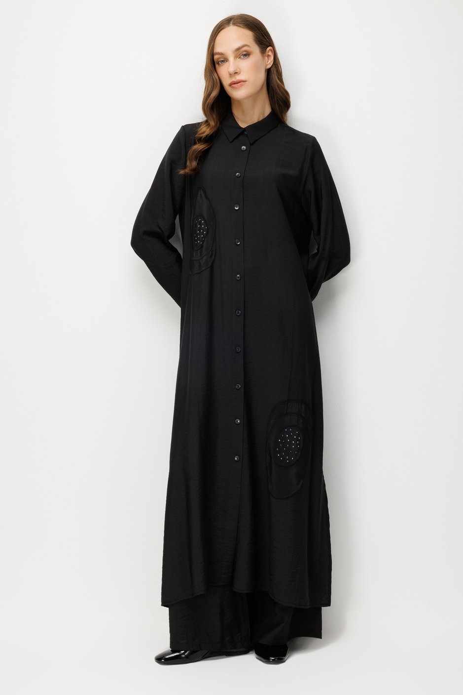 %85 LyoCELL Aller Özel Taş ve Desen İşlemeli Maxi Tunik Elbise Ferace-Siyah
