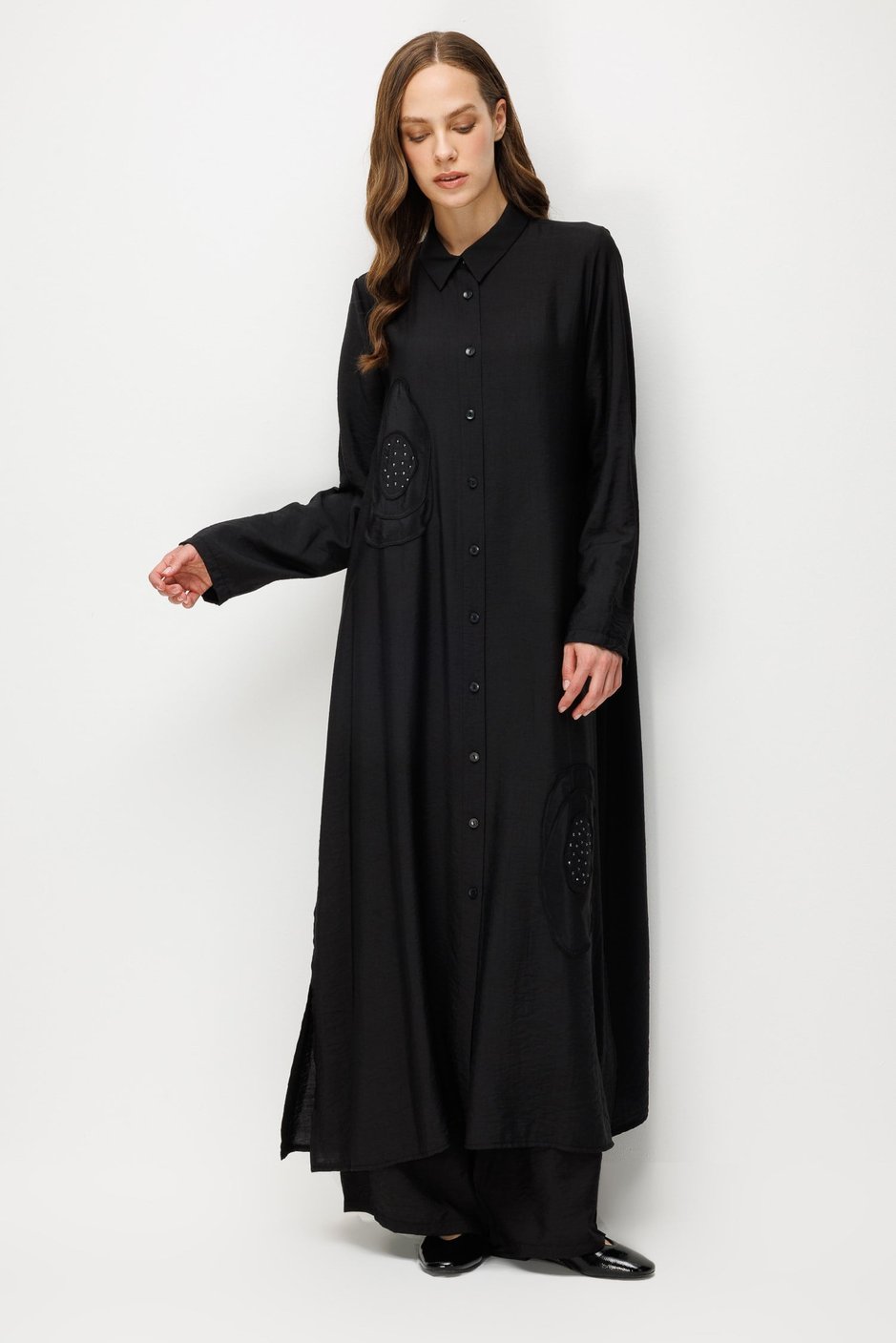 %85 LyoCELL Aller Özel Taş ve Desen İşlemeli Maxi Tunik Elbise Ferace-Siyah