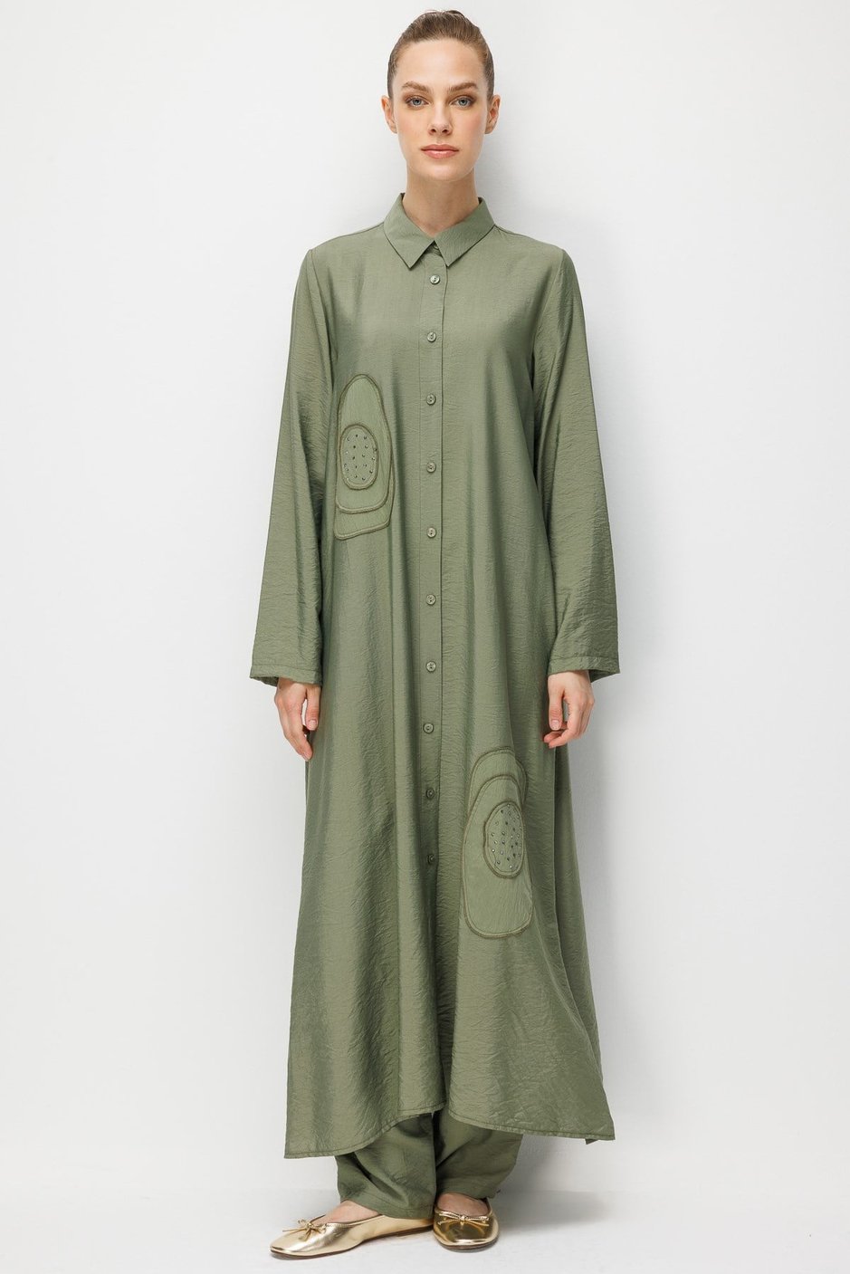 %85 LyoCELL Aller Özel Taş ve Desen İşlemeli Maxi Tunik Elbise Ferace-Haki