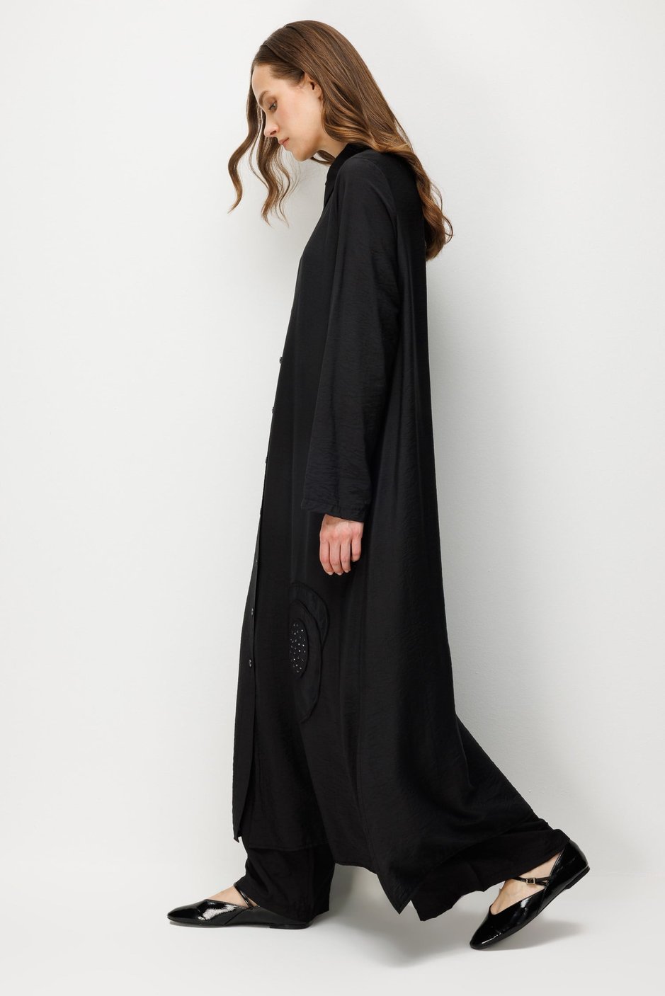 %85 LyoCELL Aller Özel Taş ve Desen İşlemeli Maxi Tunik Elbise Ferace-Siyah