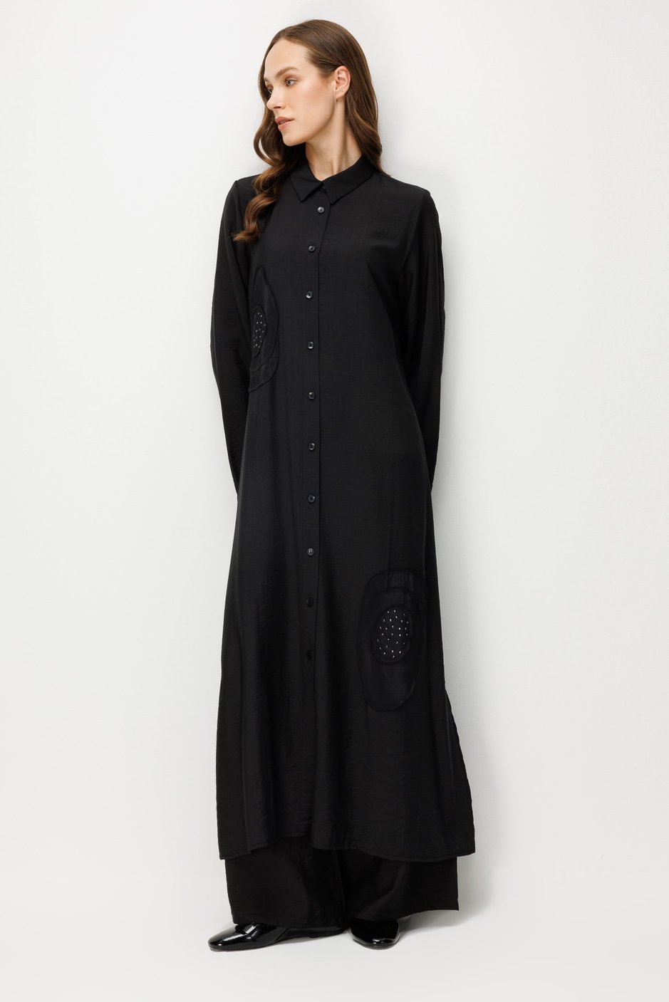 %85 LyoCELL Aller Özel Taş ve Desen İşlemeli Maxi Tunik Elbise Ferace-Siyah