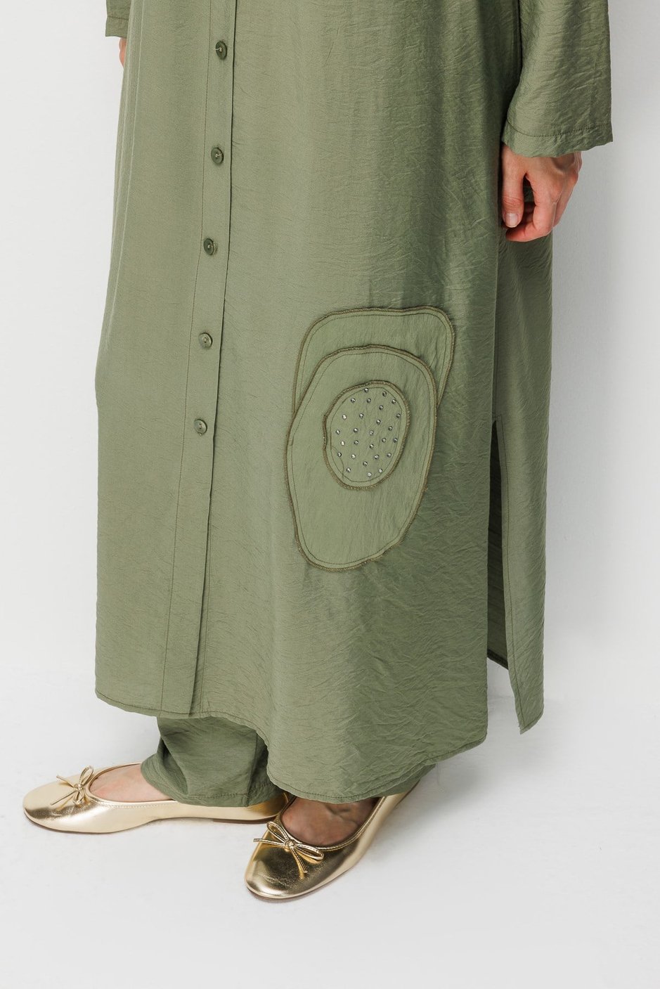 %85 LyoCELL Aller Özel Taş ve Desen İşlemeli Maxi Tunik Elbise Ferace-Haki