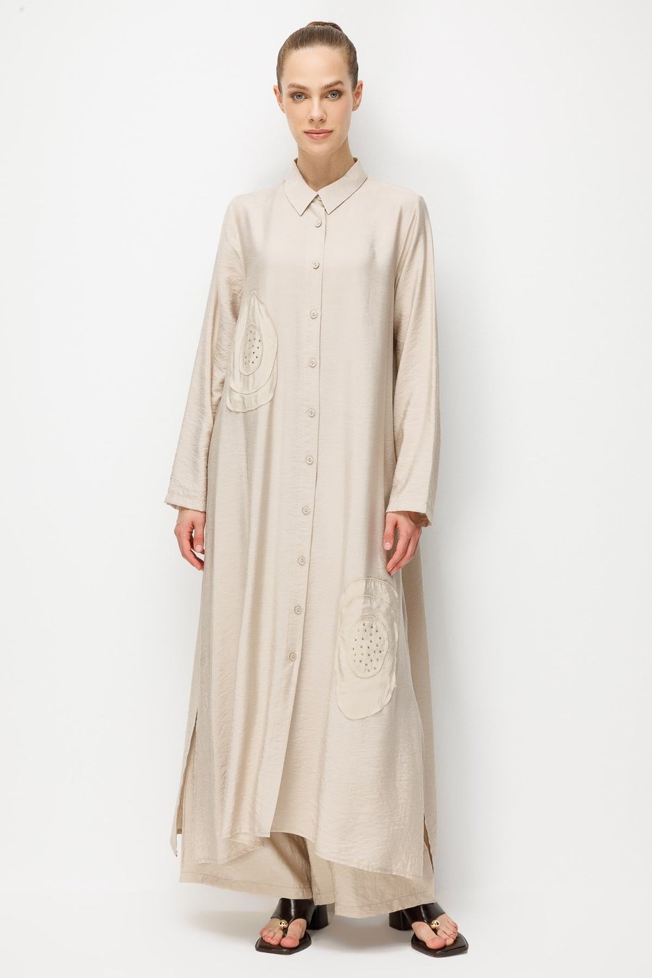 %85 LyoCELL Aller Özel Taş ve Desen İşlemeli Maxi Tunik Elbise Ferace-Taş