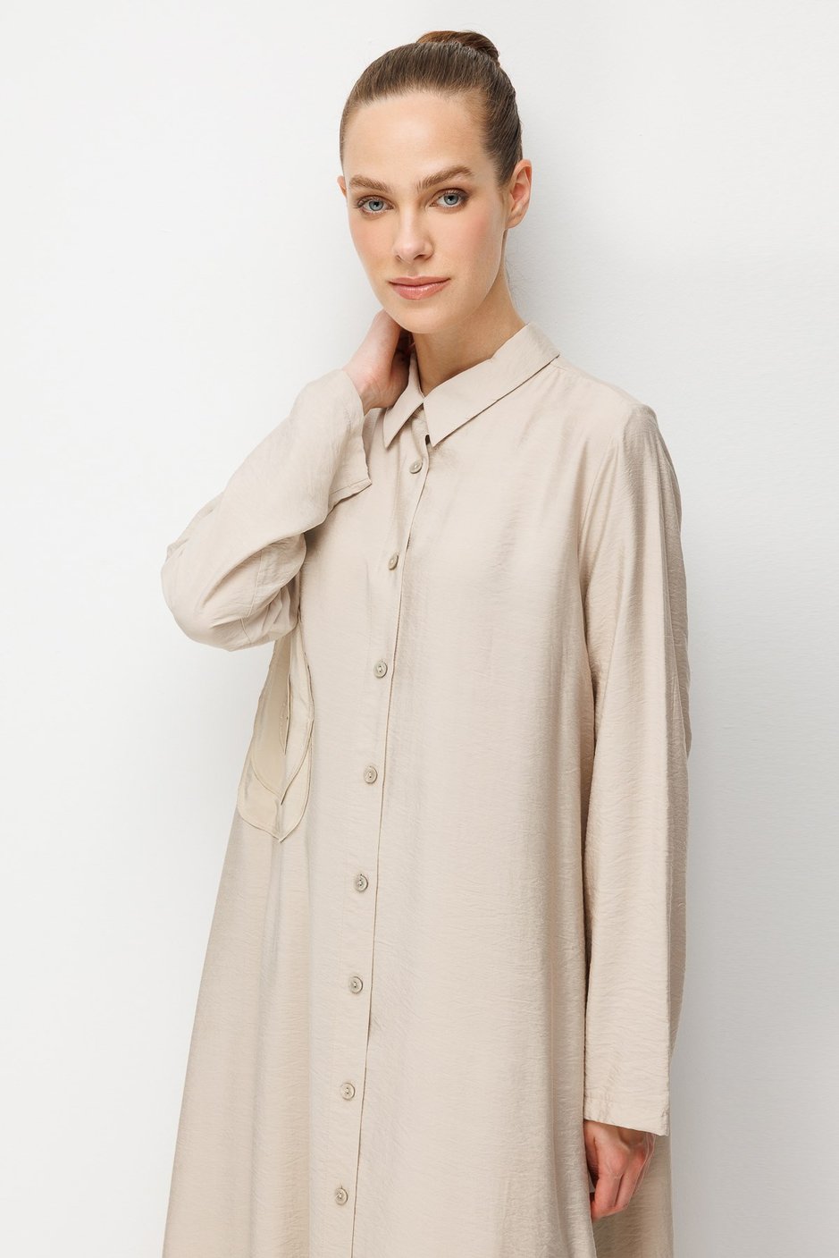 %85 LyoCELL Aller Özel Taş ve Desen İşlemeli Maxi Tunik Elbise Ferace-Taş