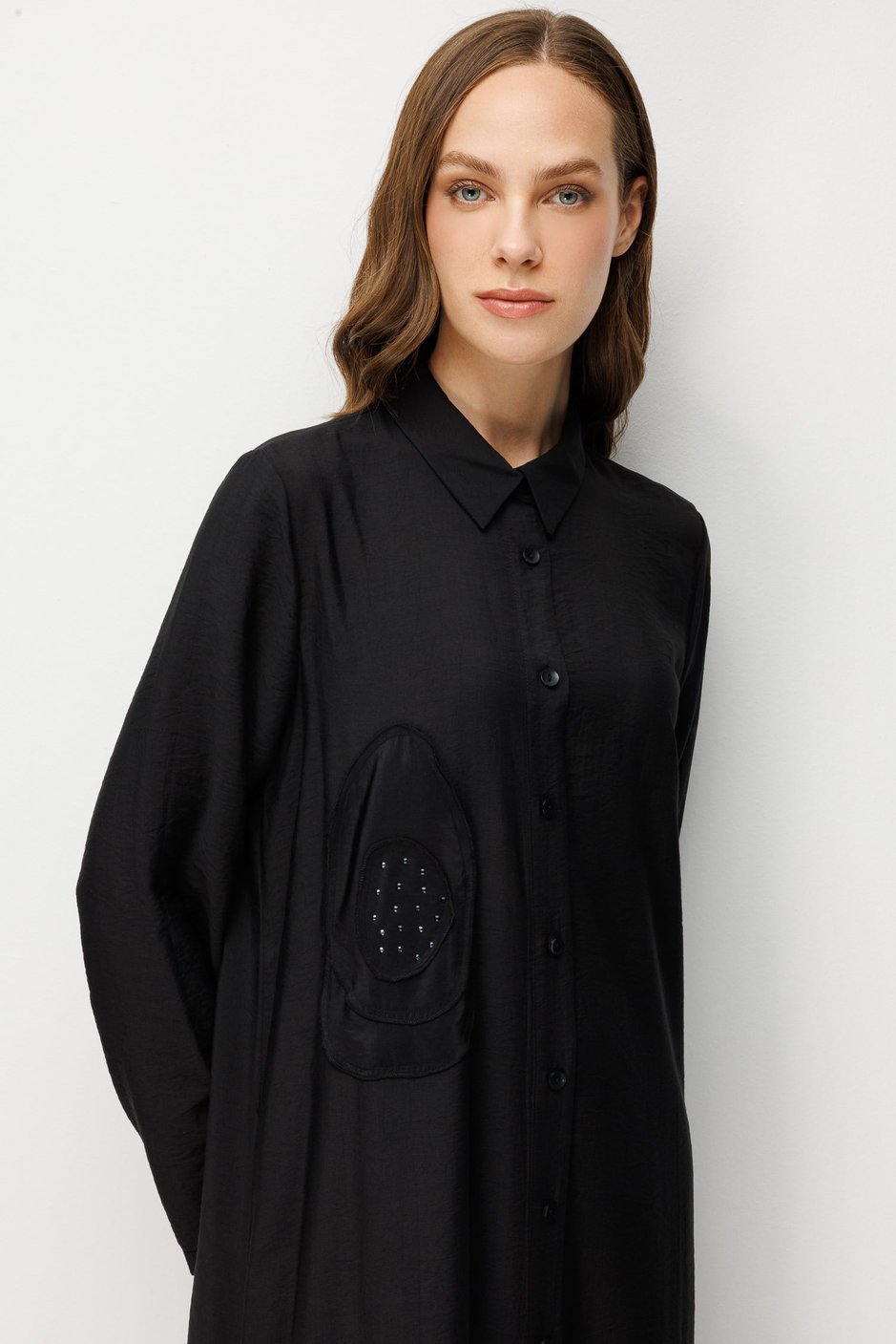 %85 LyoCELL Aller Özel Taş ve Desen İşlemeli Maxi Tunik Elbise Ferace-Siyah