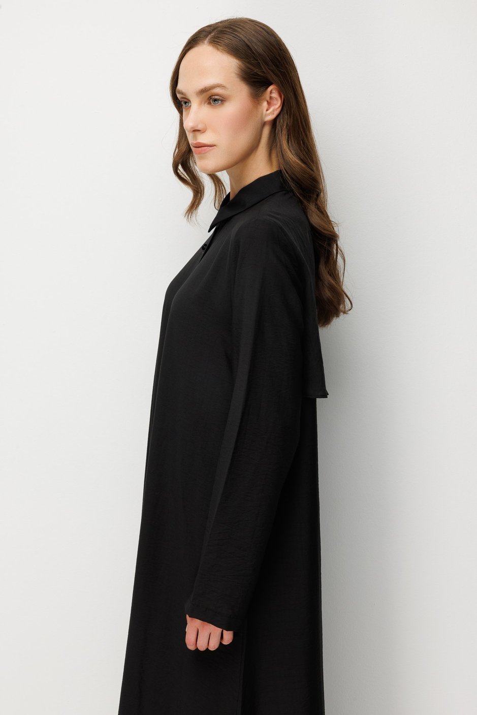 %85 LyoCELL Aller Sırt Rüzgarlıklı  Maxi Tunik Elbise-Pantalon Kombin Takım-Siyah