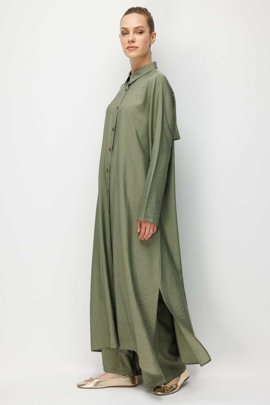 %85 LyoCELL Aller Sırt Rüzgarlıklı  Maxi Tunik Elbise-Pantalon Kombin Takım-Haki