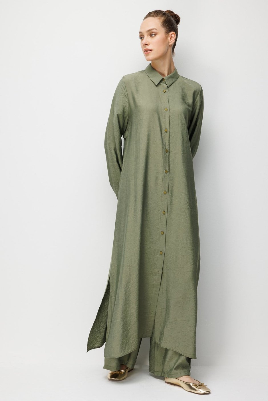 %85 LyoCELL Aller Sırt Rüzgarlıklı  Maxi Tunik Elbise-Pantalon Kombin Takım-Haki