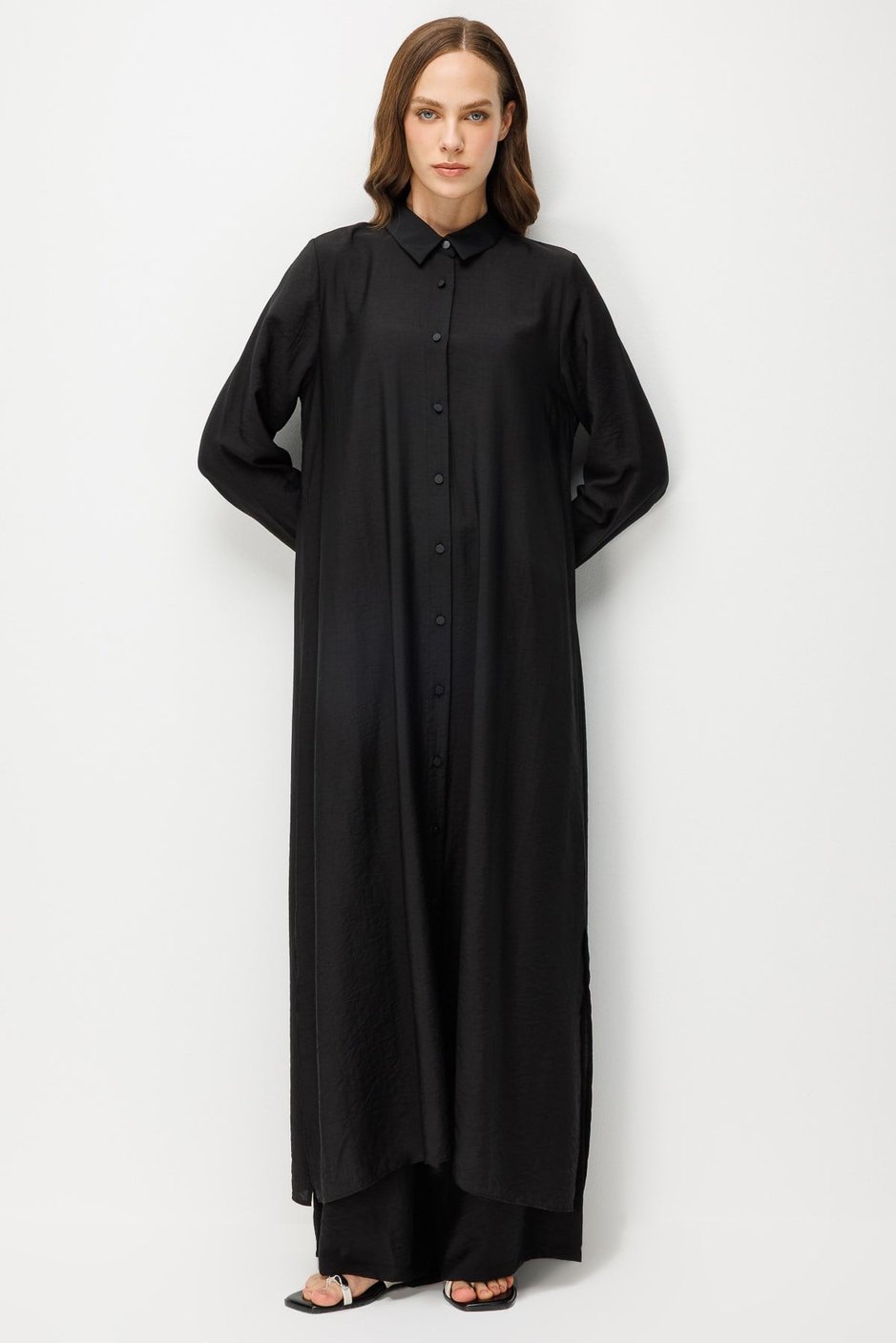 %85 LyoCELL Aller Sırt Rüzgarlıklı  Maxi Tunik Elbise-Pantalon Kombin Takım-Siyah