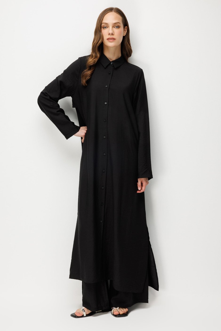 %85 LyoCELL Aller Sırt Rüzgarlıklı  Maxi Tunik Elbise-Pantalon Kombin Takım-Siyah