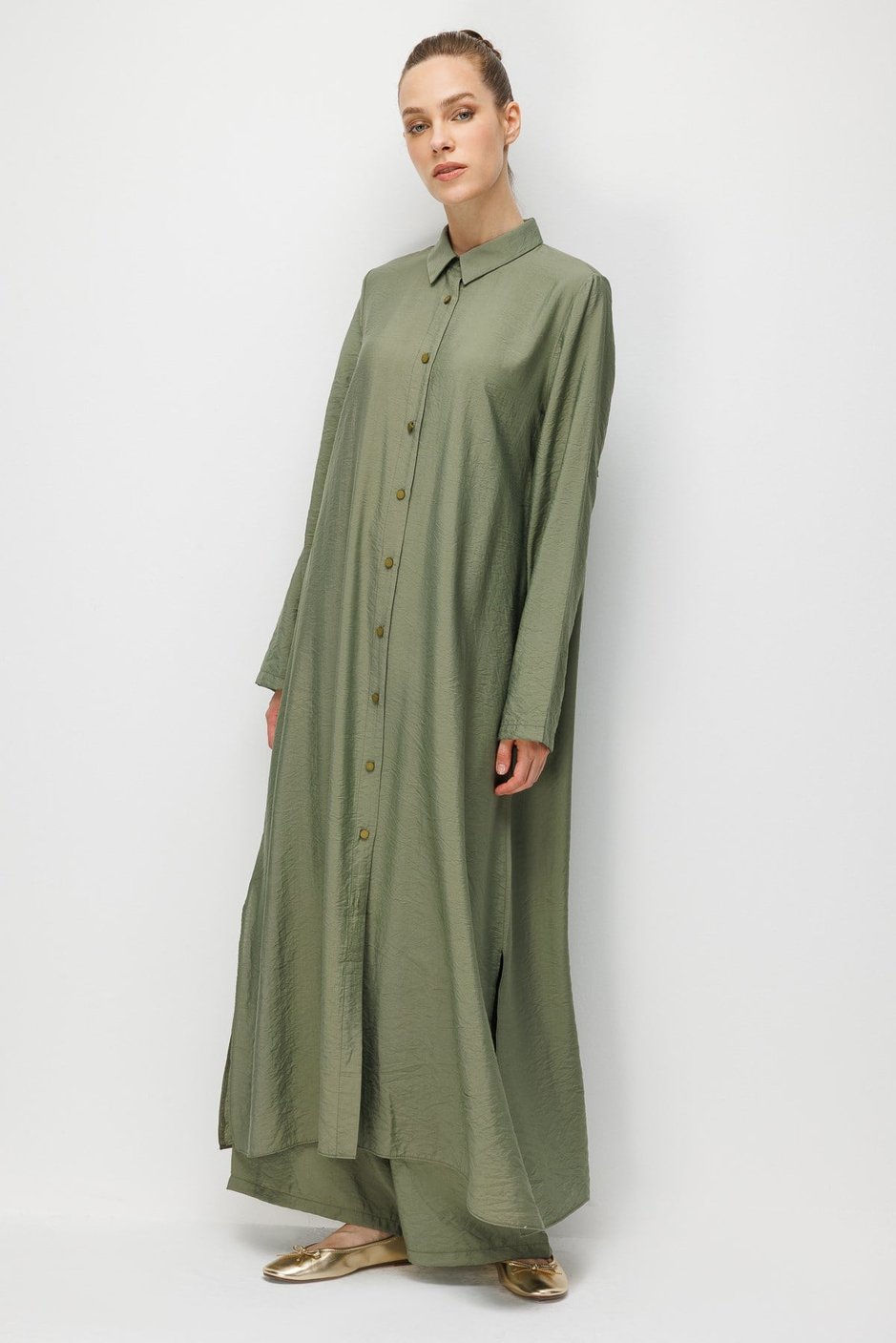 %85 LyoCELL Aller Sırt Rüzgarlıklı  Maxi Tunik Elbise-Pantalon Kombin Takım-Haki