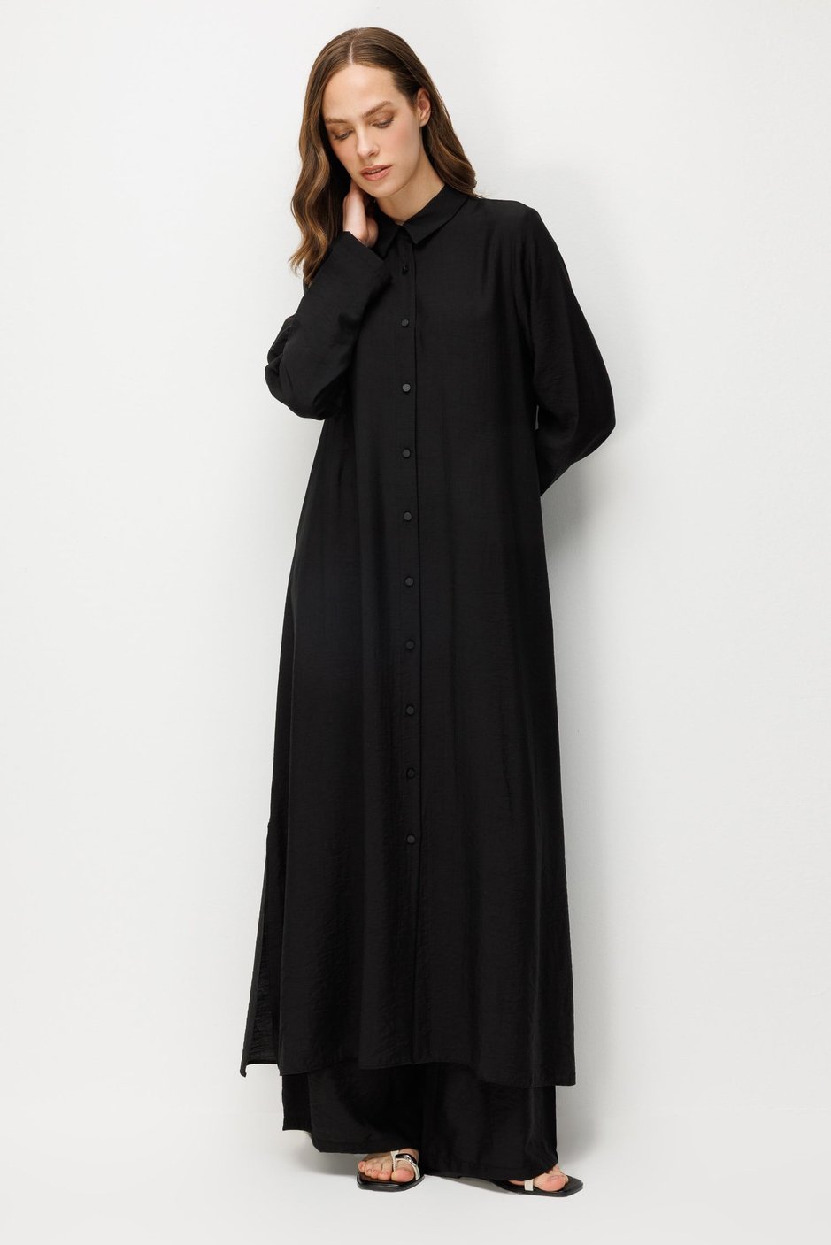 %85 LyoCELL Aller Sırt Rüzgarlıklı  Maxi Tunik Elbise-Pantalon Kombin Takım-Siyah