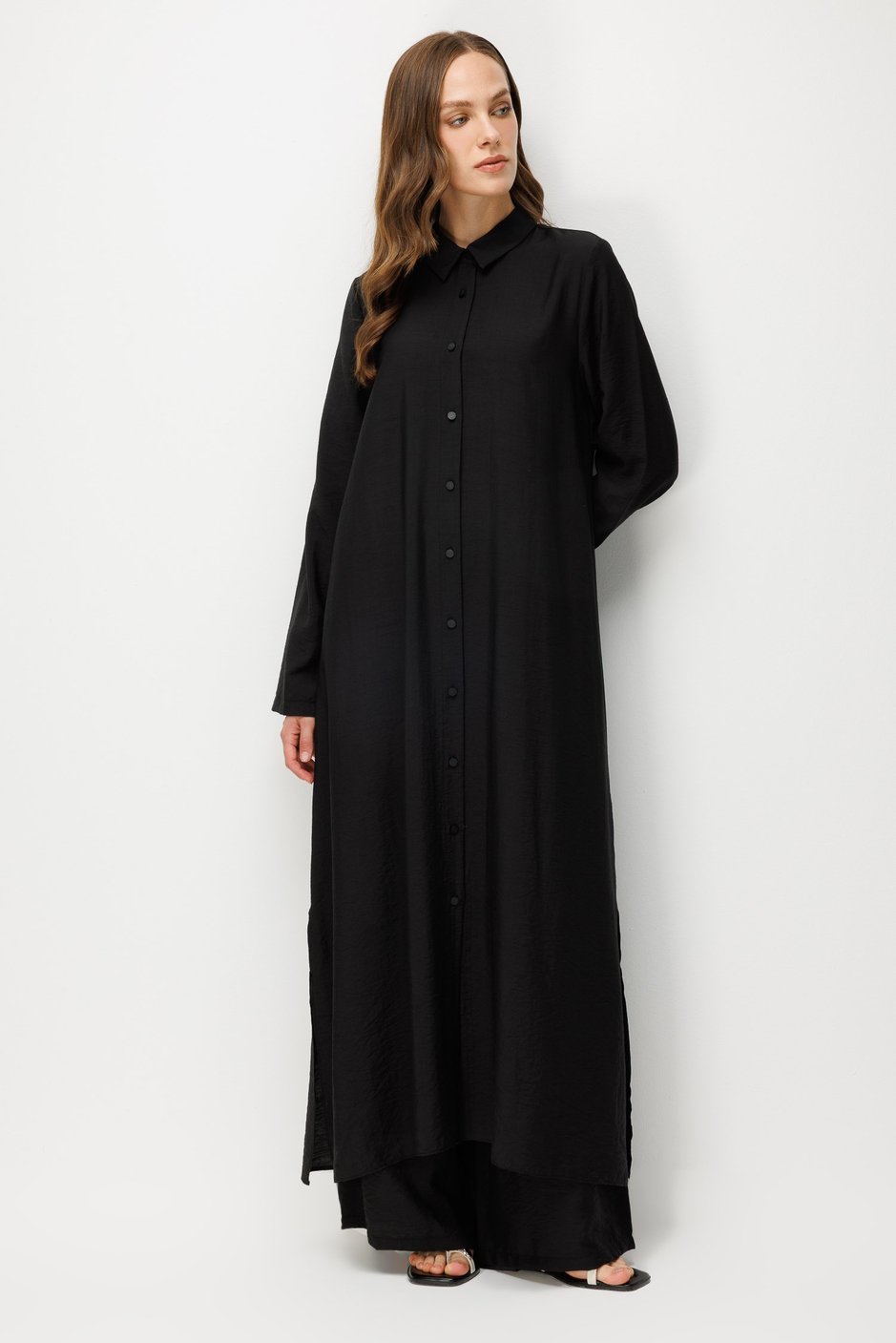 %85 LyoCELL Aller Sırt Rüzgarlıklı  Maxi Tunik Elbise-Pantalon Kombin Takım-Siyah