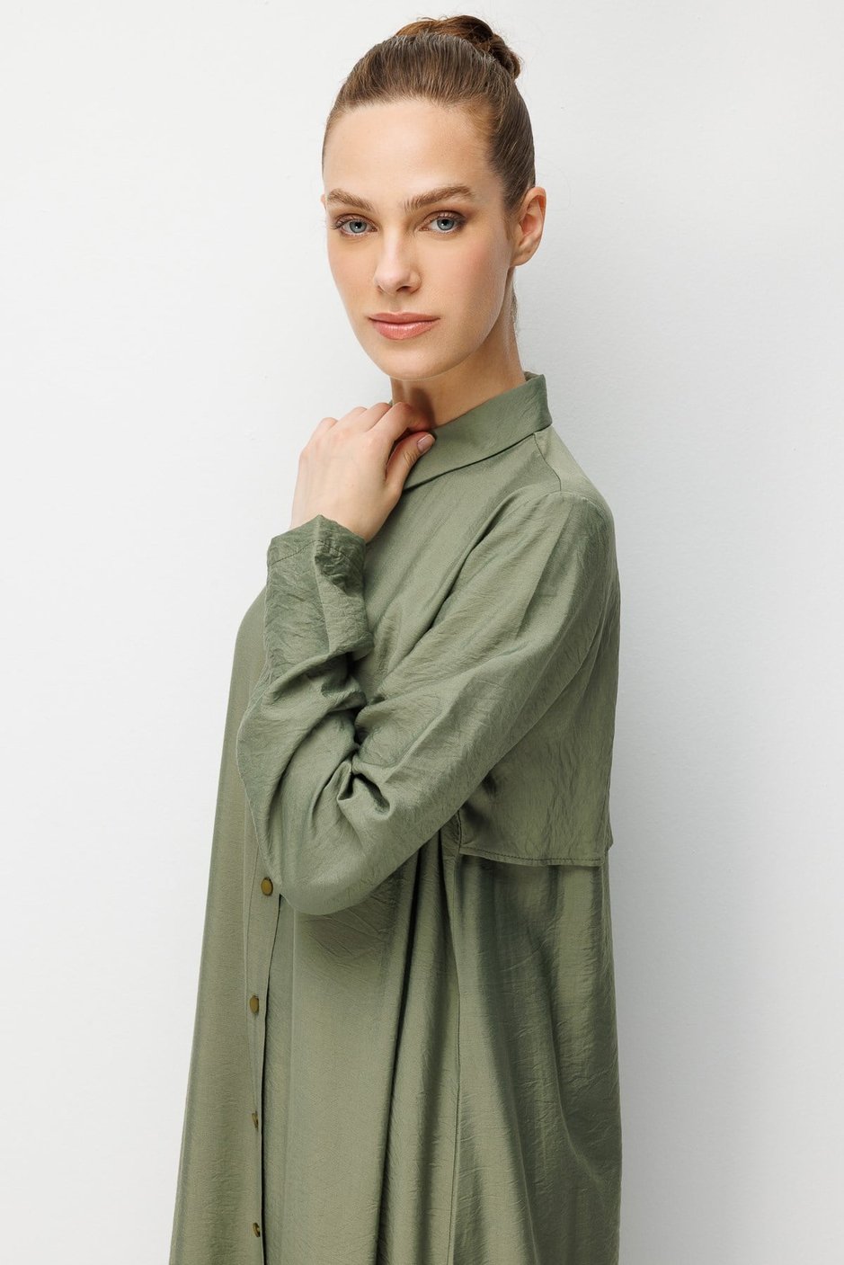 %85 LyoCELL Aller Sırt Rüzgarlıklı  Maxi Tunik Elbise-Pantalon Kombin Takım-Haki