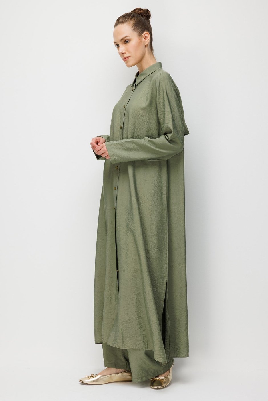 %85 LyoCELL Aller Sırt Rüzgarlıklı  Maxi Tunik Elbise-Pantalon Kombin Takım-Haki