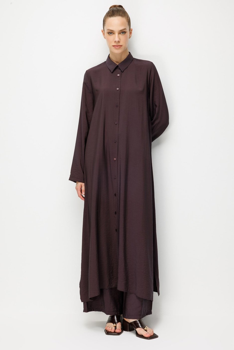 %85 LyoCELL Aller Sırt Rüzgarlıklı  Maxi Tunik Elbise-Pantalon Kombin Takım-Kahve