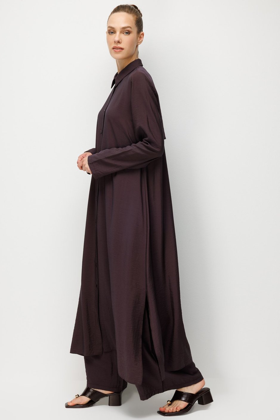 %85 LyoCELL Aller Sırt Rüzgarlıklı  Maxi Tunik Elbise-Pantalon Kombin Takım-Kahve