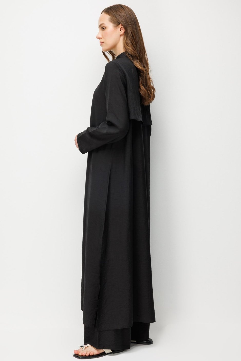 %85 LyoCELL Aller Sırt Rüzgarlıklı  Maxi Tunik Elbise-Pantalon Kombin Takım-Siyah