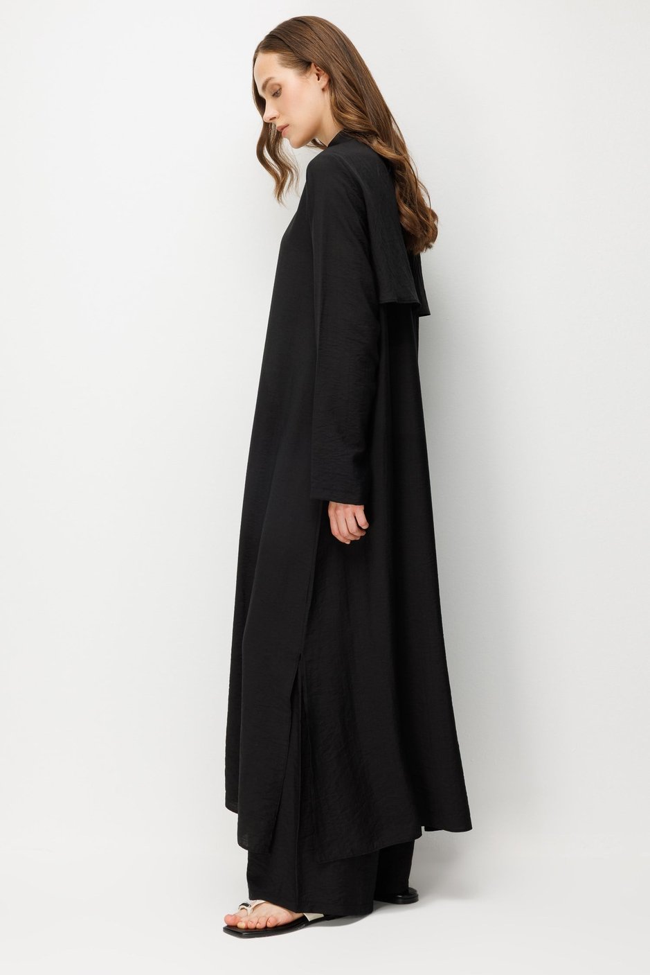 %85 LyoCELL Aller Sırt Rüzgarlıklı  Maxi Tunik Elbise-Pantalon Kombin Takım-Siyah