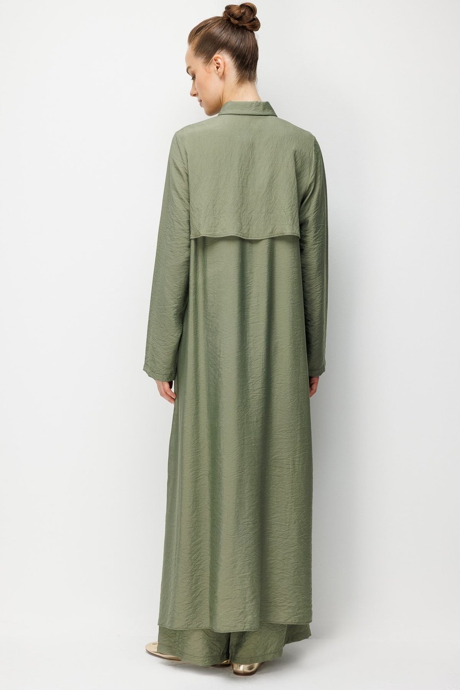 %85 LyoCELL Aller Sırt Rüzgarlıklı  Maxi Tunik Elbise-Pantalon Kombin Takım-Haki