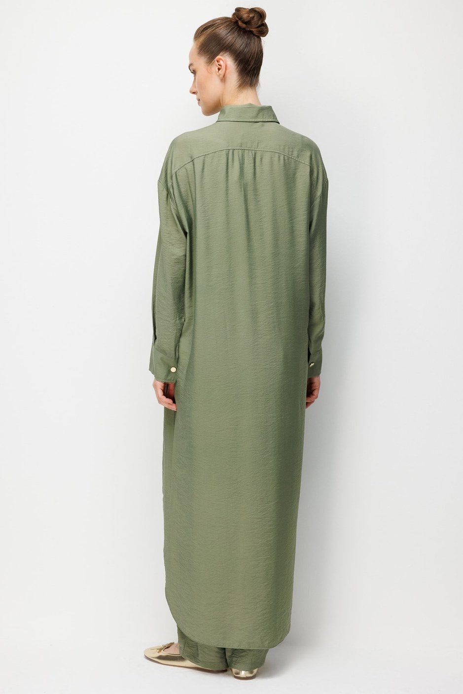 %85 LyoCELL Düğme ve Aksesuar Detaylı  Maxi Tunik Elbise-Haki