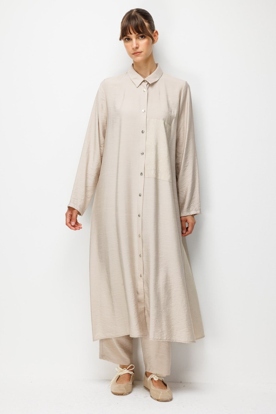 %85 LyoCELL Goldy Desenli Ara Kumaş Garnili Pantalon Maxi Tunik Kombin Takım.-Taş