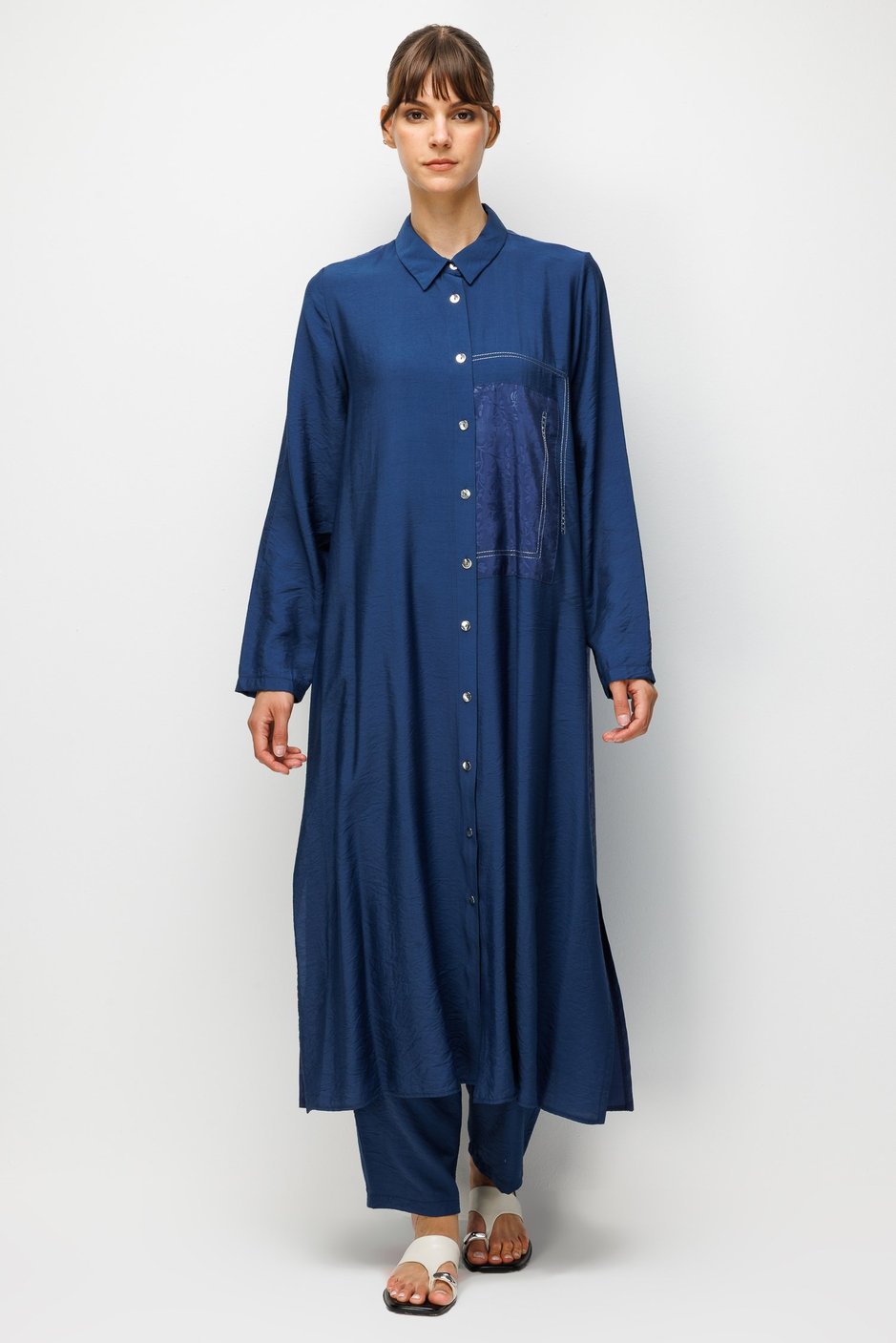 %85 LyoCELL Goldy Desenli Ara Kumaş Garnili Pantalon Maxi Tunik Kombin Takım.-Laci