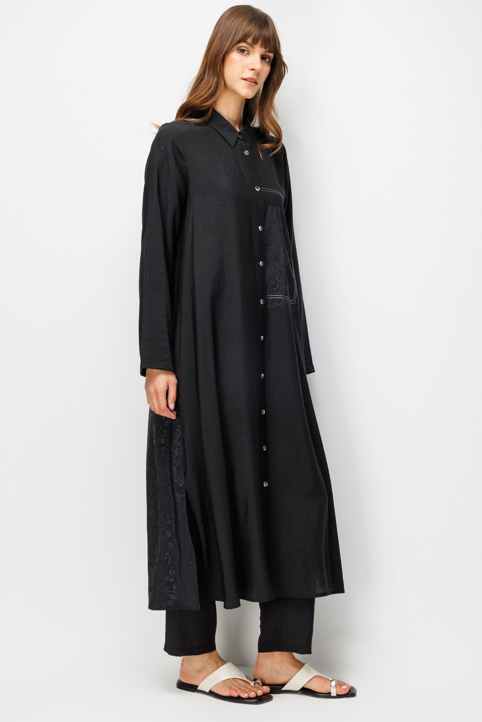 %85 LyoCELL Goldy Desenli Ara Kumaş Garnili Pantalon Maxi Tunik Kombin Takım.-Siyah