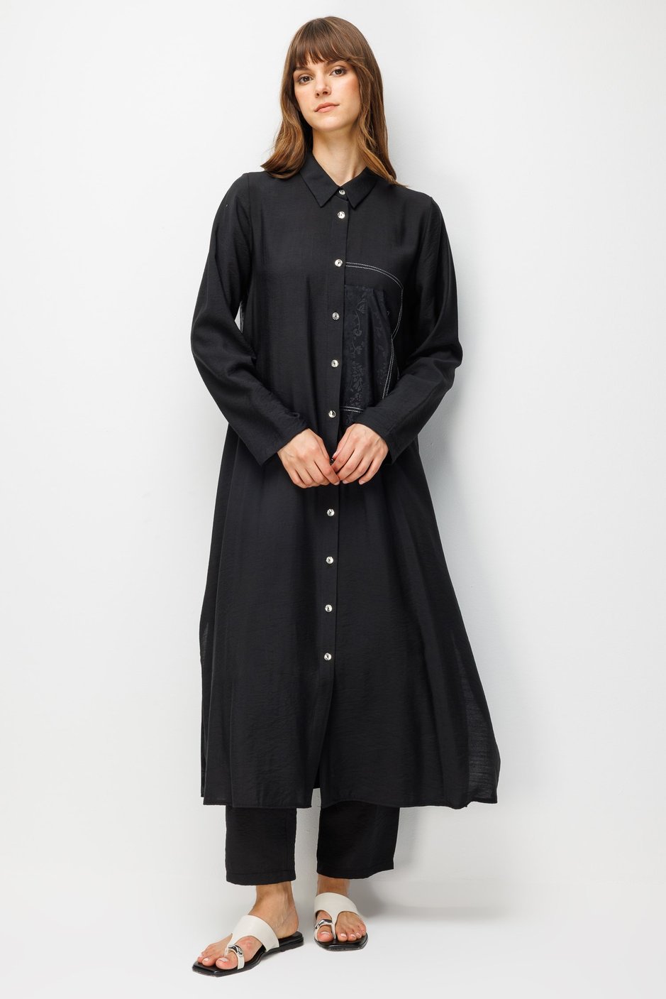 %85 LyoCELL Goldy Desenli Ara Kumaş Garnili Pantalon Maxi Tunik Kombin Takım.-Siyah