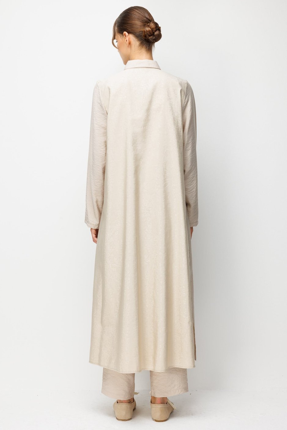 %85 LyoCELL Goldy Desenli Ara Kumaş Garnili Pantalon Maxi Tunik Kombin Takım.-Taş