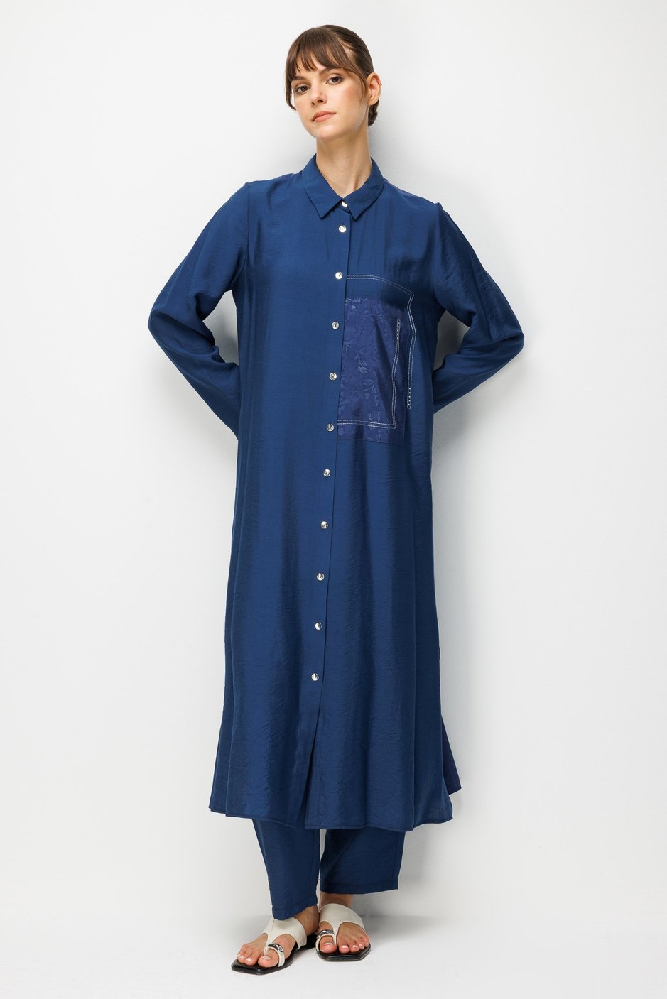 %85 LyoCELL Goldy Desenli Ara Kumaş Garnili Pantalon Maxi Tunik Kombin Takım.-Laci