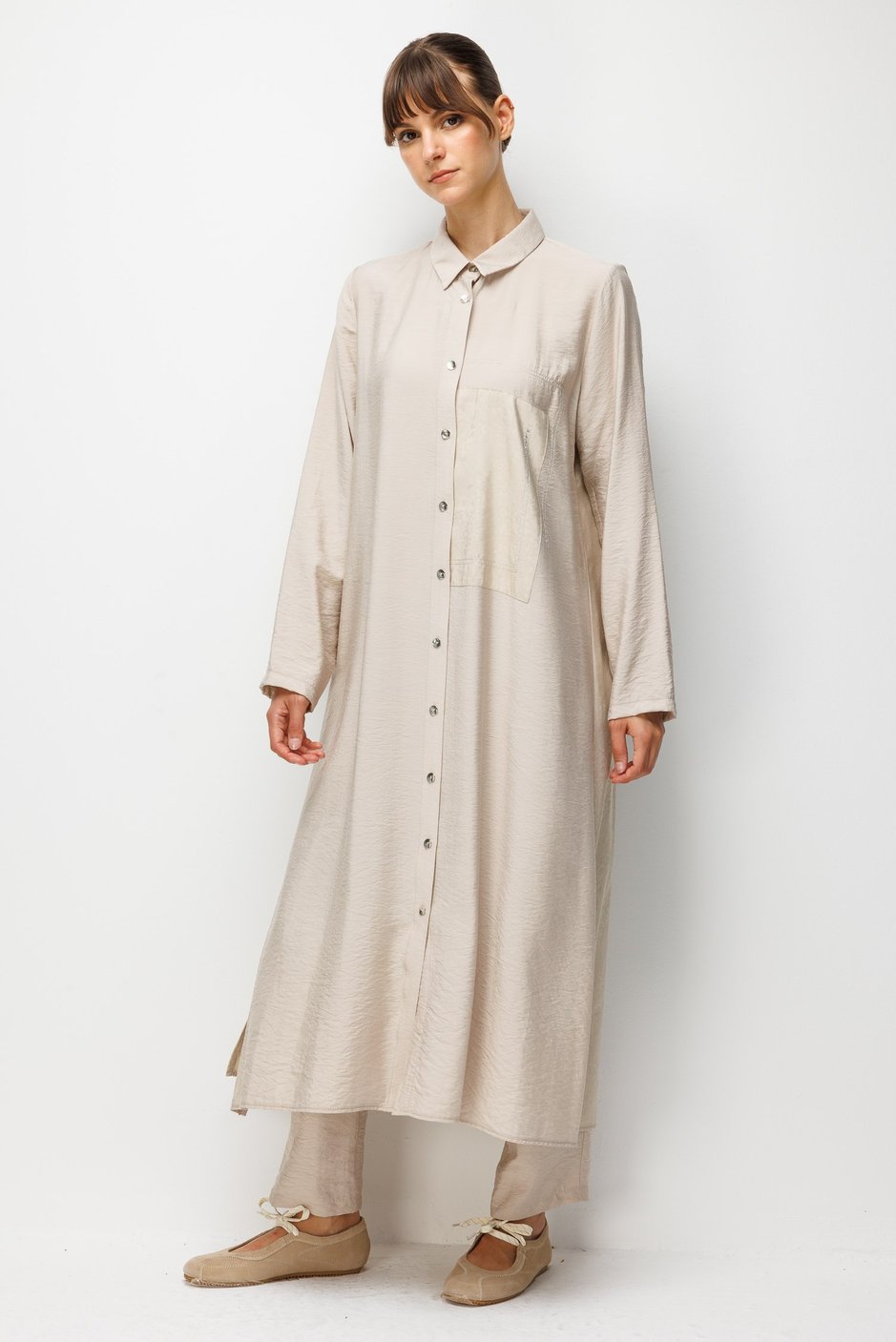 %85 LyoCELL Goldy Desenli Ara Kumaş Garnili Pantalon Maxi Tunik Kombin Takım.-Taş