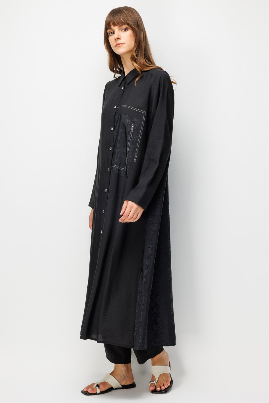 %85 LyoCELL Goldy Desenli Ara Kumaş Garnili Pantalon Maxi Tunik Kombin Takım.-Siyah