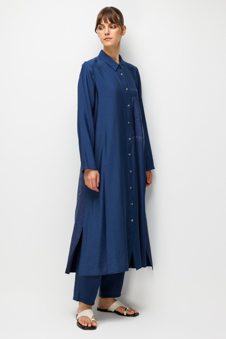 %85 LyoCELL Goldy Desenli Ara Kumaş Garnili Pantalon Maxi Tunik Kombin Takım.-Laci