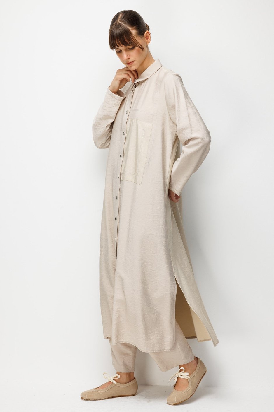 %85 LyoCELL Goldy Desenli Ara Kumaş Garnili Pantalon Maxi Tunik Kombin Takım.-Taş