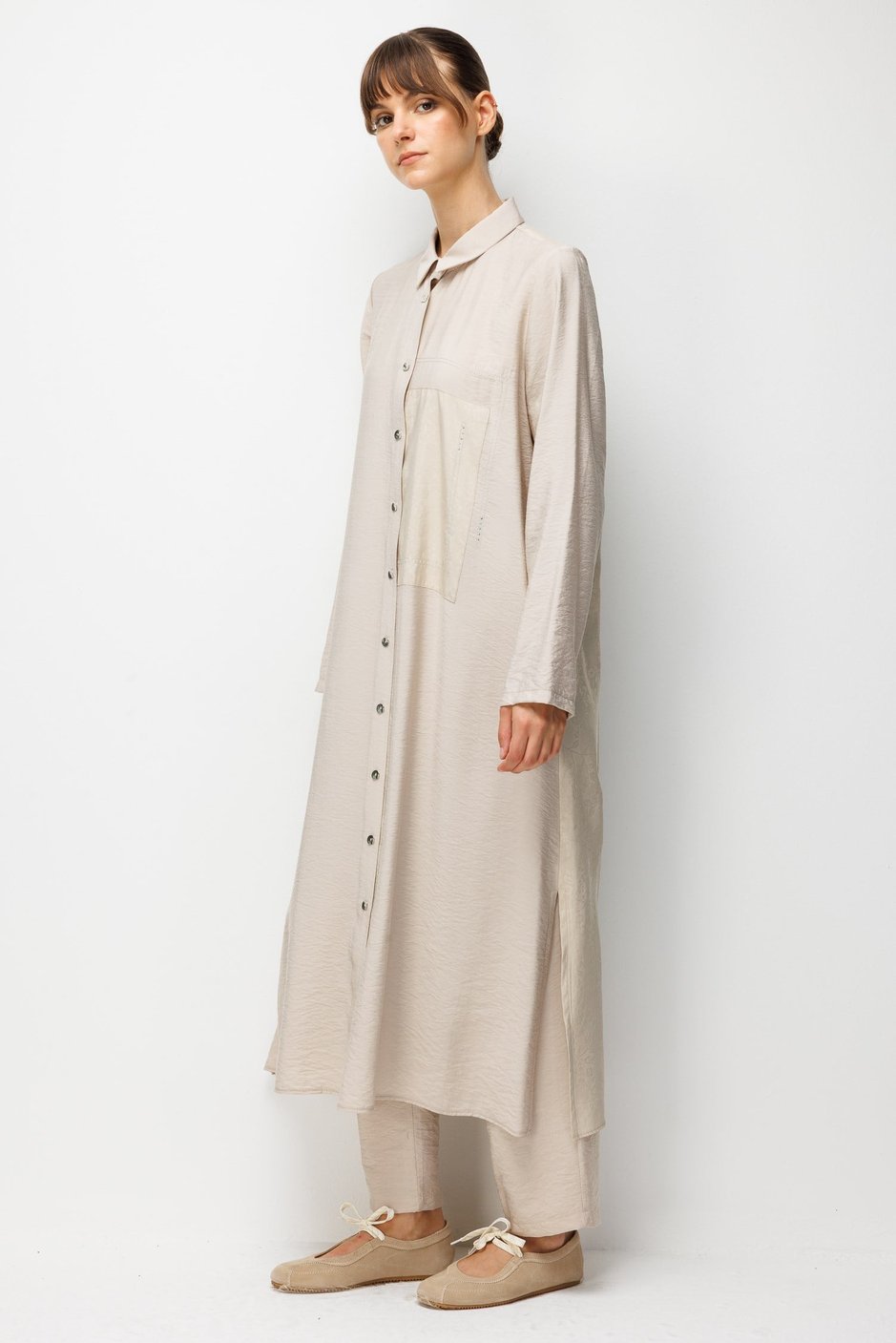 %85 LyoCELL Goldy Desenli Ara Kumaş Garnili Pantalon Maxi Tunik Kombin Takım.-Taş